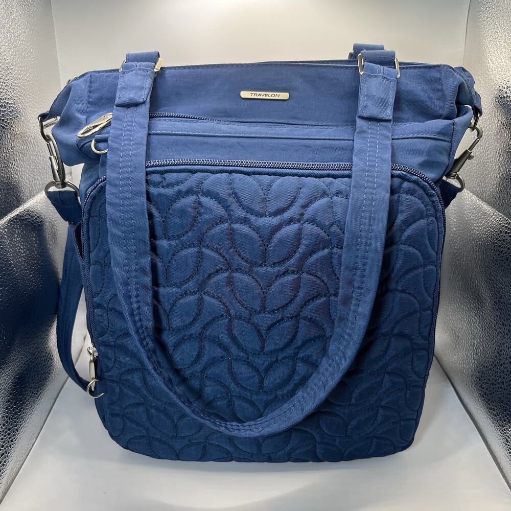 Travelon Anti-Theft Quilted N/S Tote Crossbody Ocean RFID Laptop 43376 EUC